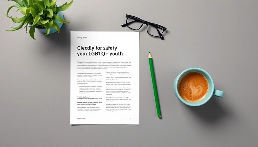 Flat lay with online safety report for LGBTQ+ youth, glasses, coffee.