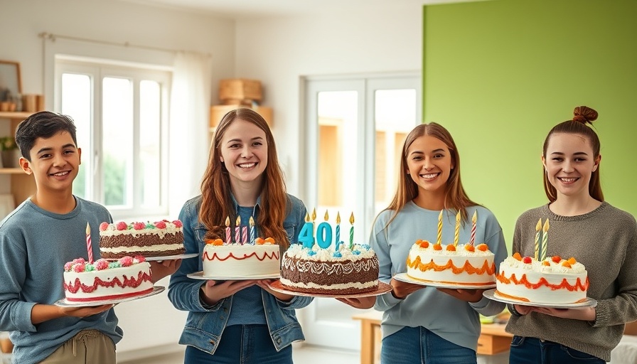 Teenagers celebrate with birthday cakes in a bright home setting.