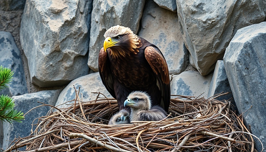 Bonelli’s eagle caring for chick in nest, highlighting doubling of mating pairs.
