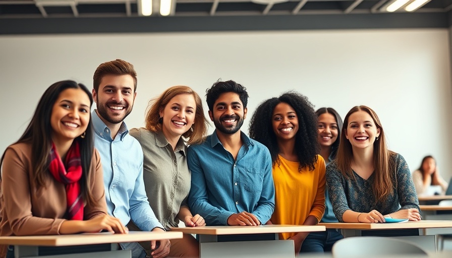 Group of graduate students smiling in a classroom, mental health in graduate school.
