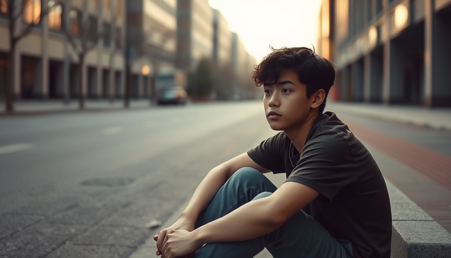 Young person sitting on pavement, contemplative and introspective.