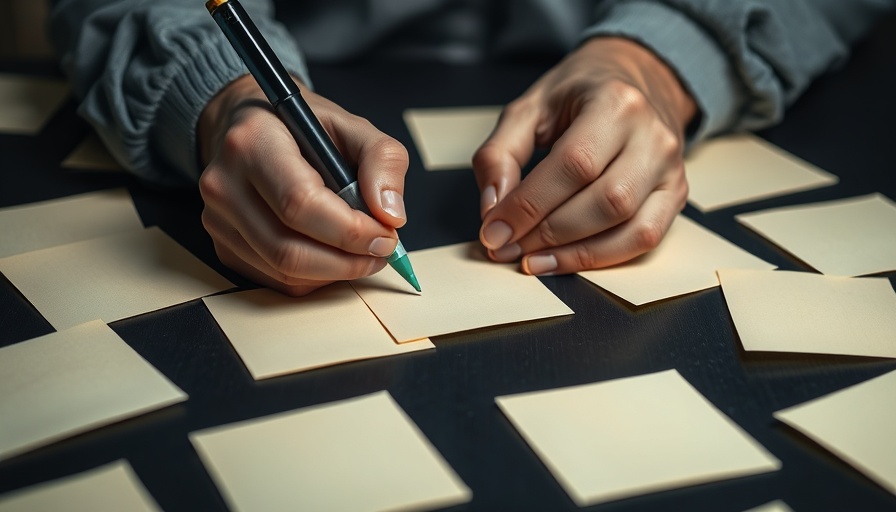 Hands writing on sticky notes for inner peace, dark background.