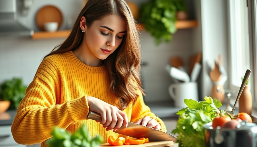 Carotenoids for skin health: woman preparing fresh vegetables in kitchen.