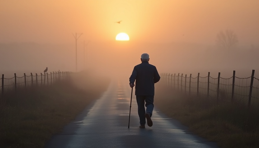 Solitary elderly man walking at sunrise depicting wake-up calls in life.