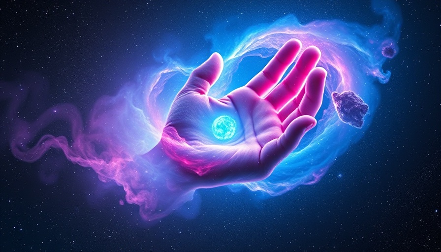 Colorful hand-shaped nebula image in space.