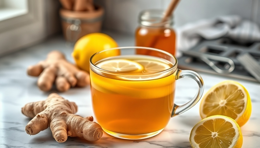 Ginger tea with lemon focused on gut health next to ginger and honey.