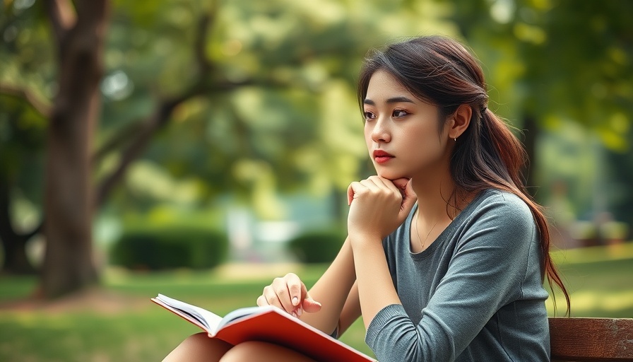 Contemplative woman with notebook, renewed hope focus, serene park.