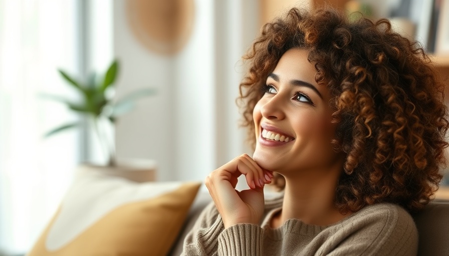 Smiling woman indoors, treating dark spots naturally.