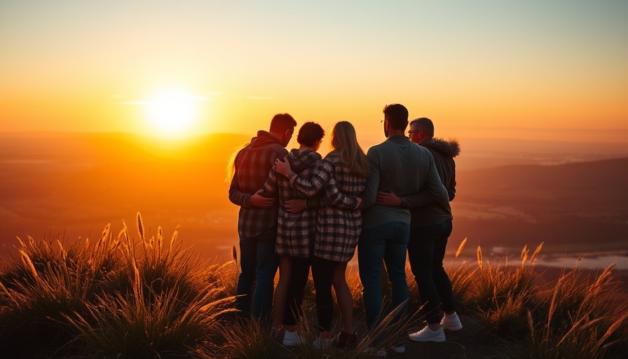 Friends embracing on a hill at sunset; mindful relationships strategies.