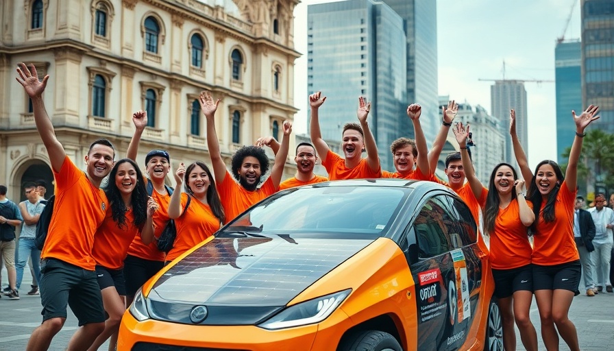 Team celebrating solar-powered car victory at race event, vibrant atmosphere.
