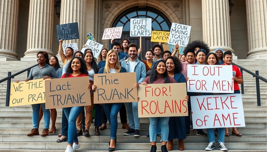Vibrant student activism protest on historic steps with diverse group.