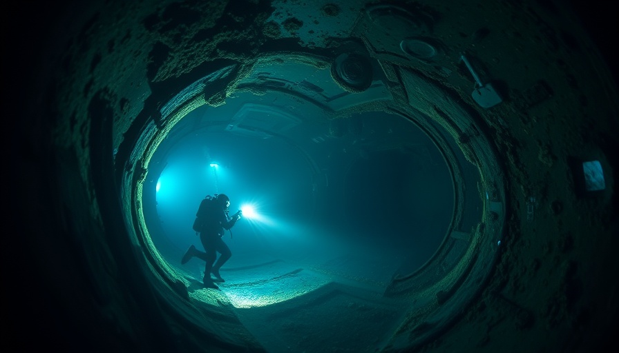 Diver examines HMS Urge submarine hull underwater.