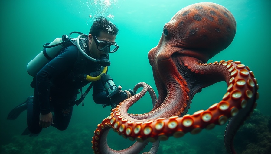 Diver with Giant Pacific Octopus underwater selfie in green ocean.