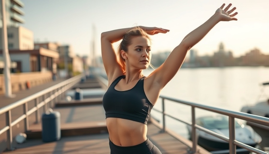 Woman stretching by the water, boosting self-confidence through personal growth.