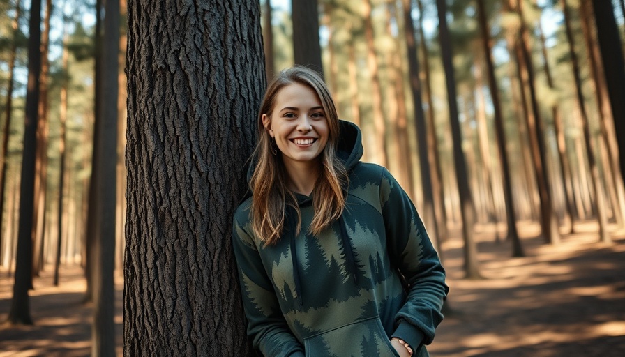 Woman in forest, smiling and leaning against a tree