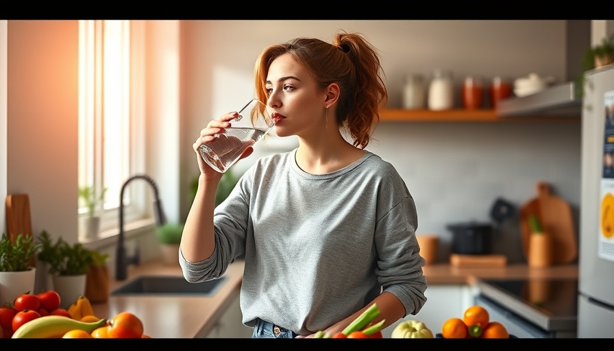 Young woman in kitchen drinking water to improve your liver health.