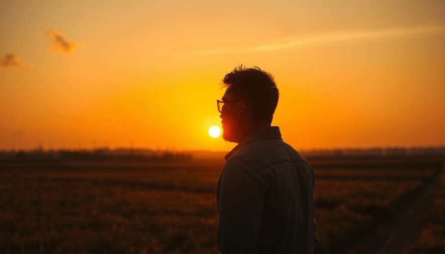 Man embracing inner peace and happiness during sunset