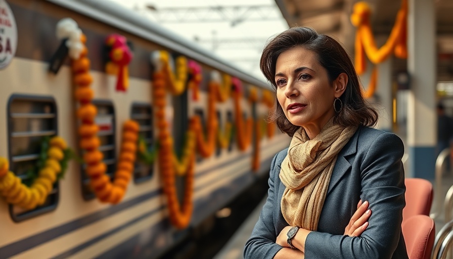 Confident woman and hospital train in India representing mobile healthcare.