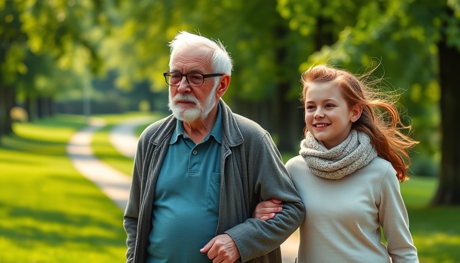 Elderly man and young person walking closely on a green path, legacy for aging Americans.