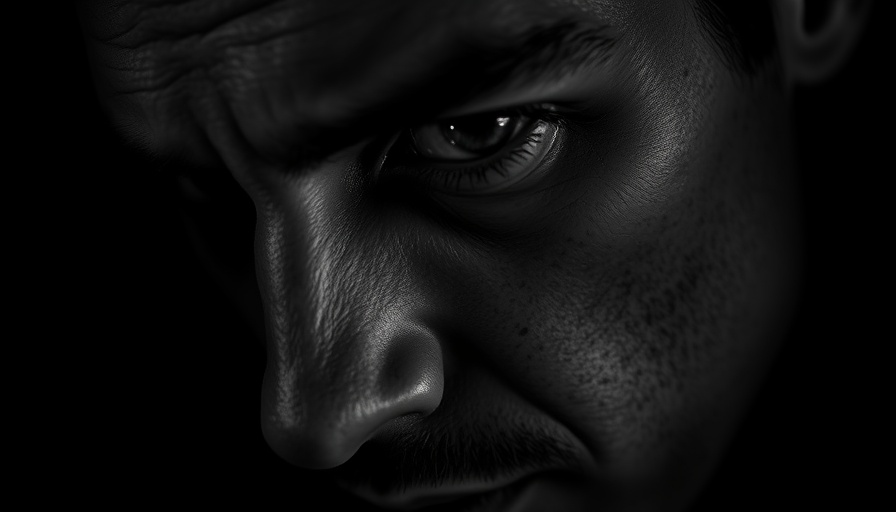 Close-up black and white portrait of a contemplative man, evoking introspection.