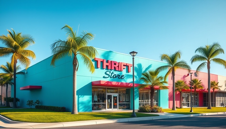 Colorful Out of the Closet thrift store exterior with palm trees.