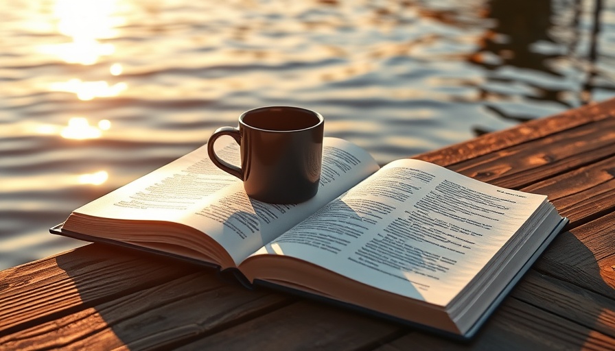 Peaceful morning habit scene with book and coffee by the water.