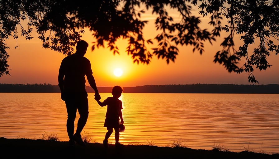 Father and child silhouette at sunset by lake, Wisdom from My Dad.