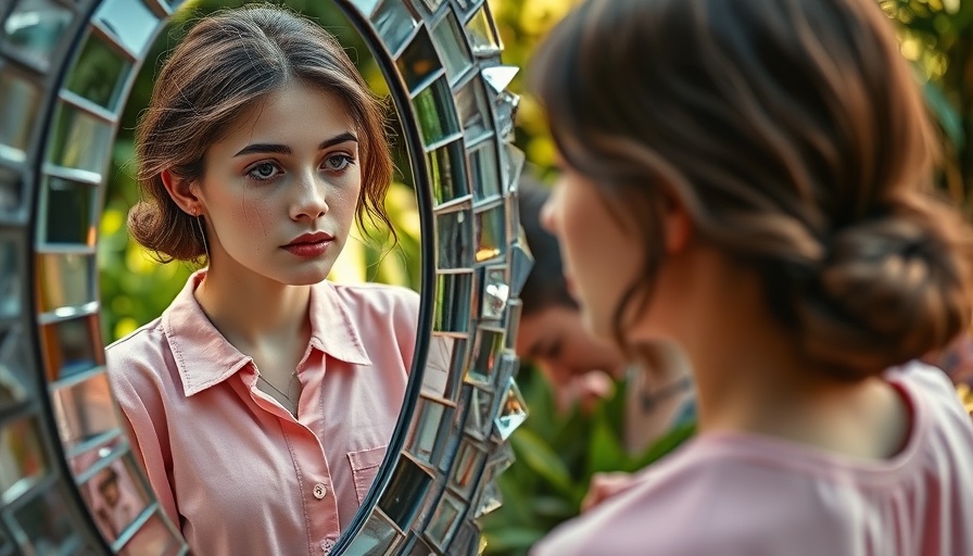 Woman reflecting in mosaic mirror, transforming pain into purpose, garden setting.