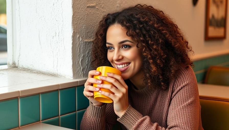 A woman enjoys hibiscus tea in a cozy cafe setting.