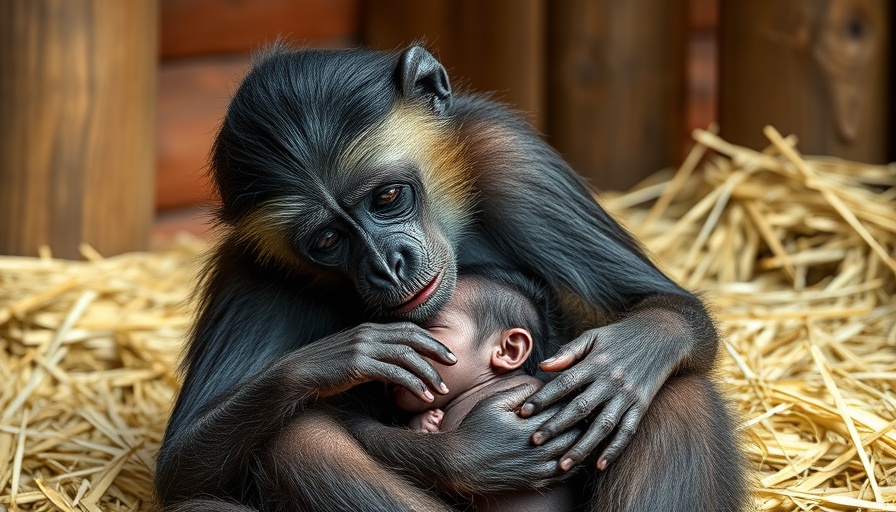 Mother bonobo gently cradling newborn in UK enclosure.