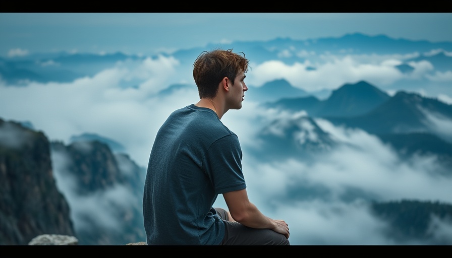 Thoughtful young man seeking mental clarity on a misty cliff.