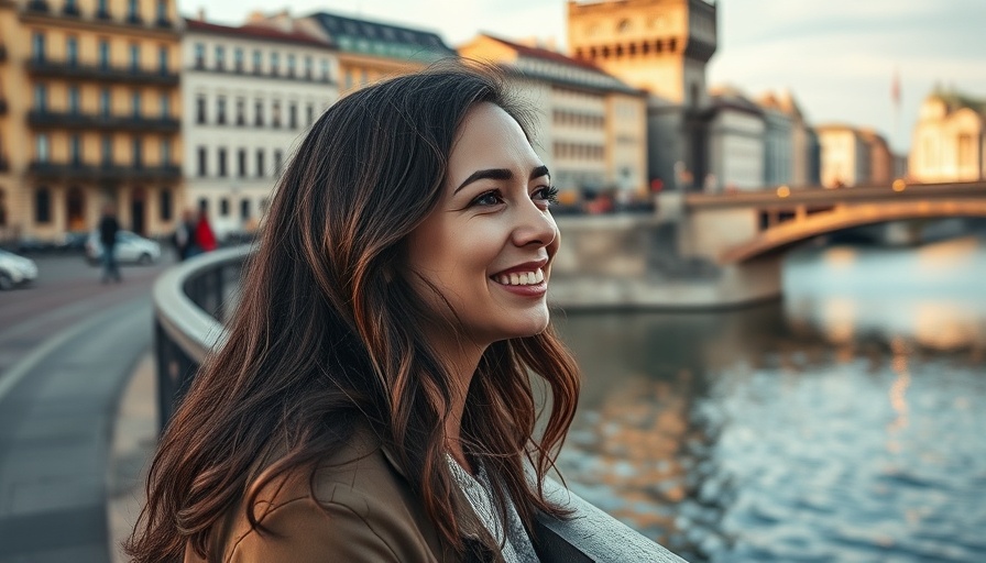 Smiling woman by riverside bridge, mind body spirit balance.