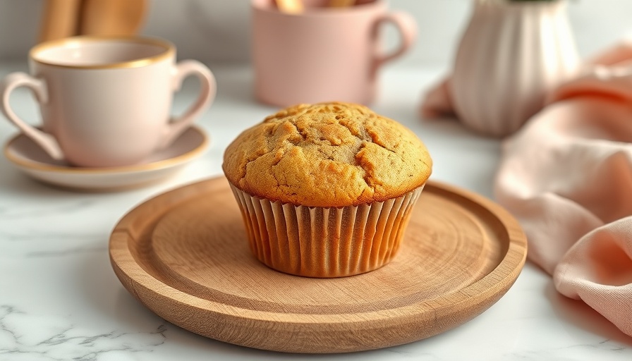 High-protein banana muffin on a wooden plate with pastel decor.