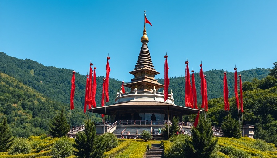 Buddhist stupa in the West with red flags and forest backdrop