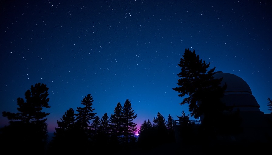 Starry night over observatory with glowing dome, peaceful landscape.