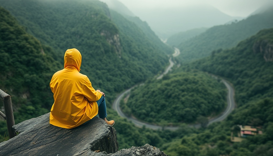 Person in yellow coat observing winding road, quotes for calming the mind, nature.