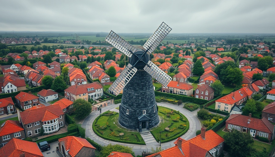 Britain's oldest working windmill, surrounded by suburban houses from an aerial view.