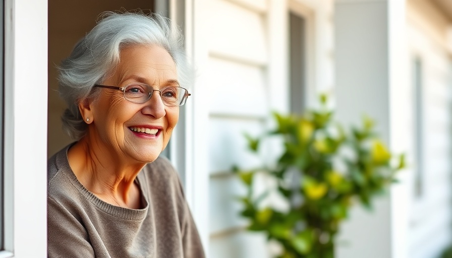 Elderly woman smiling from a window, bright and happy expression.