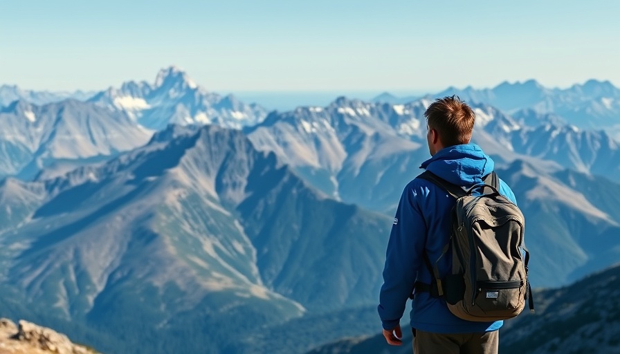Hiker overlooking mountain range under blue sky, inspiring serenity.