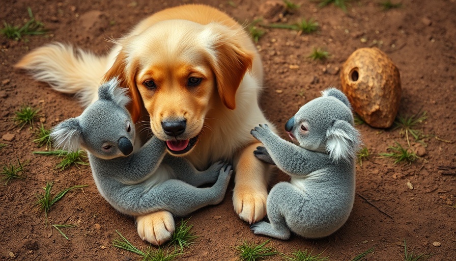 Dog giving baby koala a piggyback ride outdoors.