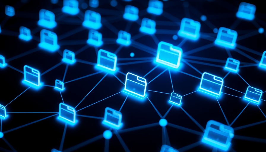 Futuristic data network with glowing blue folders and documents, Financial Planning.