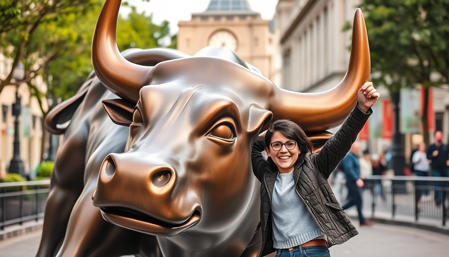 Financial planning symbolized by a bronze bull statue in city square.