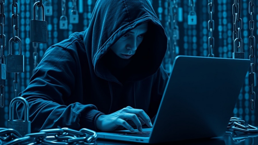 Hooded figure with laptop, digital chains and locks, AI-Powered Financial Scams theme.