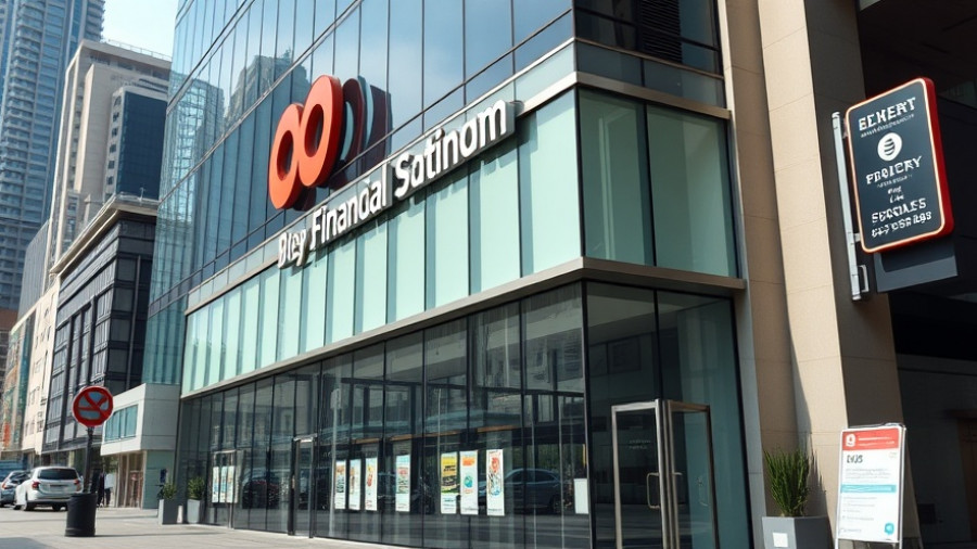Modern financial institution facade with urban signage.