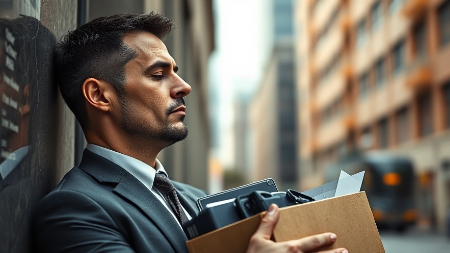 Reflective man leans on wall with office items, urban setting.