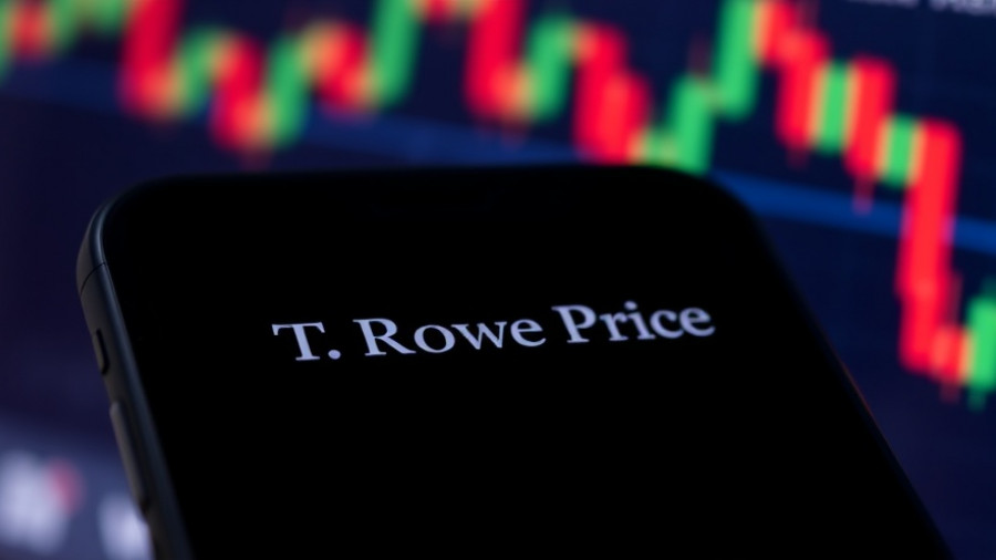 T. Rowe cryptocurrency ETF logo on smartphone with stock chart.