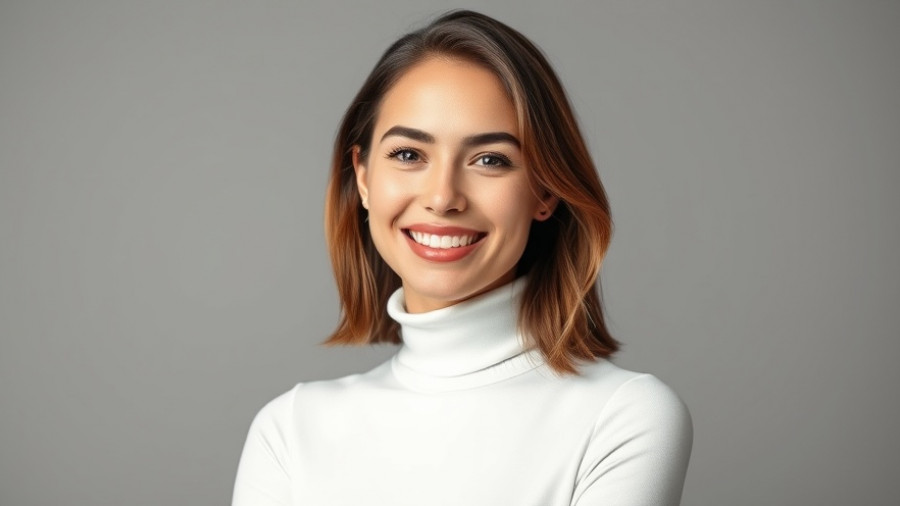 Smiling woman in white turtleneck, financial planning concept.