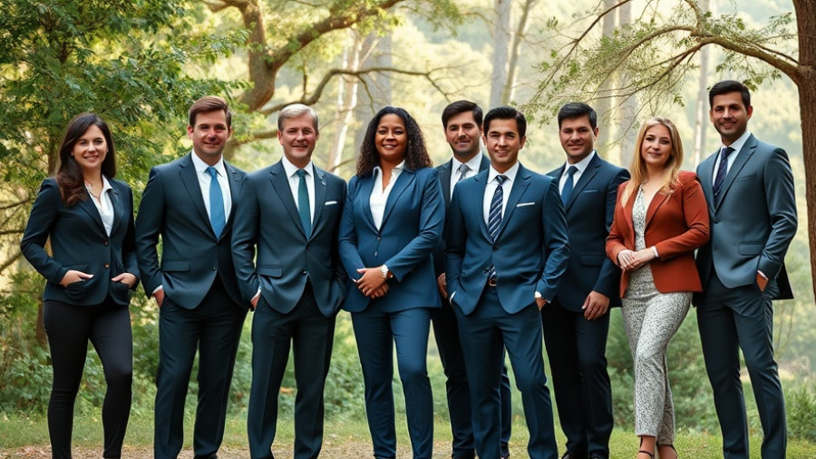 Financial Planning professionals standing confidently in natural setting.