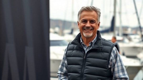 Middle-aged man by marina with WealthTech banner, Financial Planning.