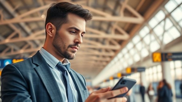 Business professional in airport terminal related to financial planning